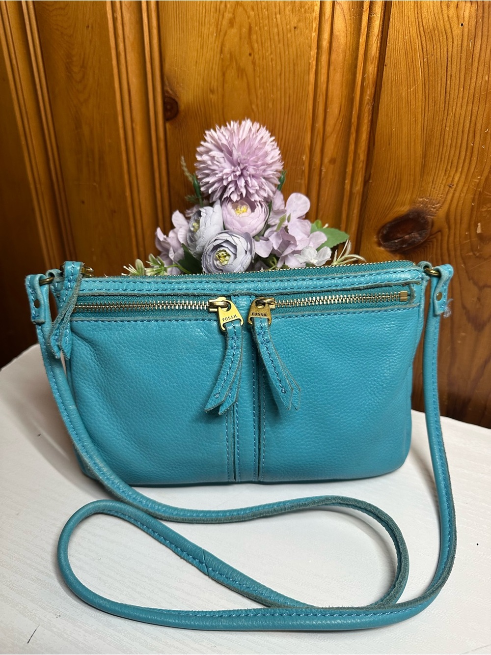 Fossil Turquoise Leather Crossbody with Dual Zip Pockets